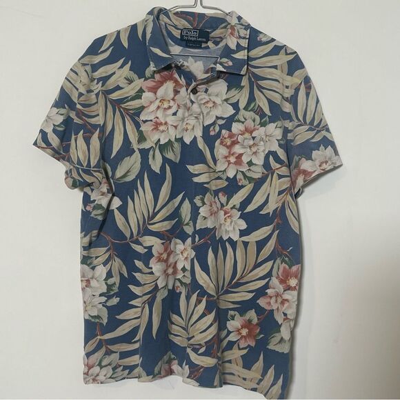 Vintage Polo Ralph Lauren Polo Shirt Floral Hawaiian Pique Cotton Men Sz Large - Picture 2 of 9